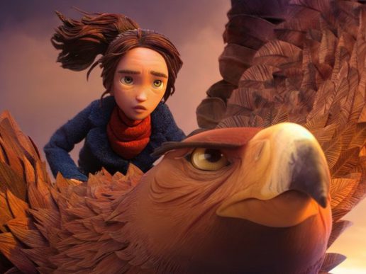 A young girl rides a flying eagle.