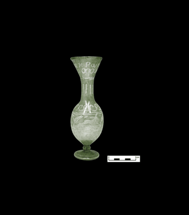 The Highdown Goblet is one of the stars of our extensive archaeological collections. This unique glass vessel was discovered during excavations of a post-Roman cemetery atop Highdown Hill in the 1890s. Associated with a male inhumation burial, the goblet has no direct parallels within the Roman empire, and was manufactured in either Alexandria or Antioch around 400 AD, with a Greek inscription which translates as ‘Use me and good health’