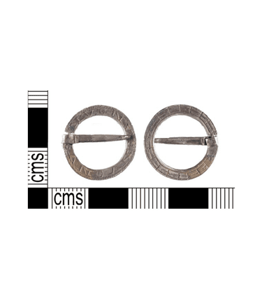 A complete cast silver annular brooch with inscription dating to between 1300-1400 AD, found at Findon by a metal detectorist. Examples like this one often bear religious or sentimental mottos, the example here has attempted to copy a fairly common legend associated with apotropaic powers such as ‘IESVS NAZARENUS’ - however the maker created a garbled and nonsensical motto which reads INV.ONVONV.ONVO.