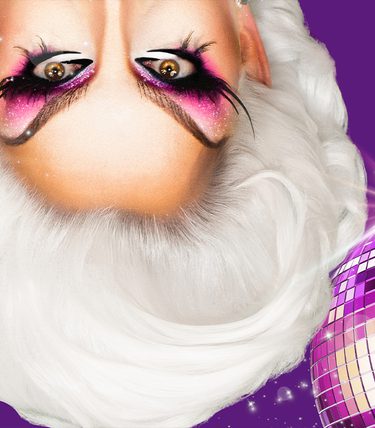 A close-up, upside-down image of a drag performer with dramatic white hair and bold pink-and-black eye makeup, framed against a bright purple background with a sparkling disco ball on the right side.