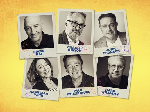 Black-and-white portraits of Simon Day, Charlie Higson, John Thomson, Arabella Weir, Paul Whitehouse and Mark Williams arranged as Polaroid-style photographs against a bright yellow background.
