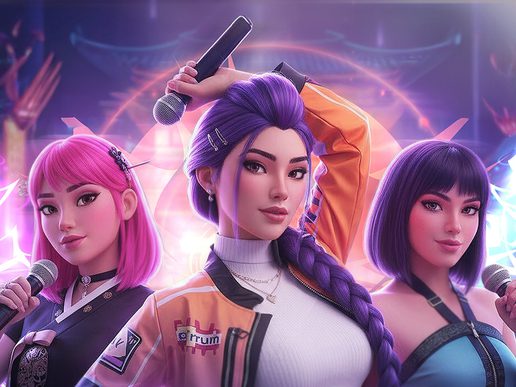 Three stylised animated K-pop performers stand confidently on stage, each holding a microphone. The central character has long purple hair in a braid and wears an orange and white jacket, flanked by a singer with bright pink hair on the left and another with short purple hair on the right. Neon lights and abstract shapes glow behind them, creating a vibrant concert atmosphere.