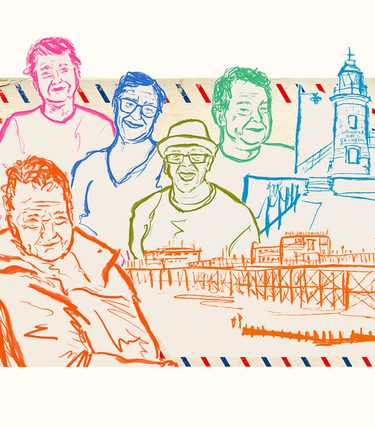 Hand-drawn, colourful sketch collage featuring portraits of older people in orange, pink, blue, and green linework, set against a cream background. The illustration also includes simple line drawings of Worthing landmarks such as the pier and lighthouse, evoking memories of seaside life.