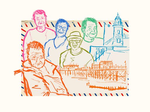 Hand-drawn, colourful sketch collage featuring portraits of older people in orange, pink, blue, and green linework, set against a cream background. The illustration also includes simple line drawings of Worthing landmarks such as the pier and lighthouse, evoking memories of seaside life.