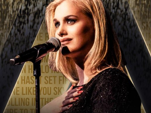 A female performer, portraying Adele in the stage show Someone Like You (The Adele Songbook), stands at a microphone with one hand on her chest, wearing a black sequined dress and gazing out emotionally.
