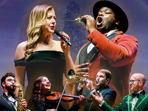 A festive collage of performers from "Swing into Christmas" shows a dynamic ensemble in action. At the centre, a woman in an elegant off-the-shoulder green gown and a man in a red blazer and wide-brimmed hat sing into microphones with passion. Around them, musicians in formal attire play instruments including a violin, trumpet, saxophone, and piano. A glowing Christmas tree and sheet music softly overlay the background, adding a warm holiday atmosphere to the scene.