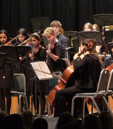 A student orchestra performs on stage, with violinists standing at the front and cellists seated behind them, all reading from sheet music on stands. Members are dressed in black, with dark stage curtains in the background and the tops of audience members' heads visible in the foreground.