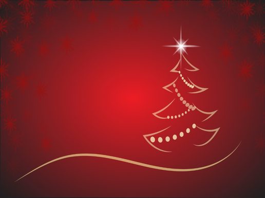 A minimalist Christmas illustration featuring a gold outline of a decorated Christmas tree topped with a bright star, set against a rich red background with subtle snowflake patterns and a flowing gold line suggesting a snowy landscape.
