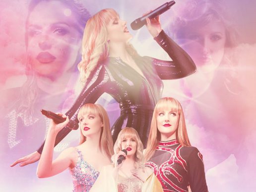 Promotional image for Taylormania featuring a female performer styled as Taylor Swift in multiple poses, singing into a microphone and wearing different stage outfits against a soft pink, glowing background.