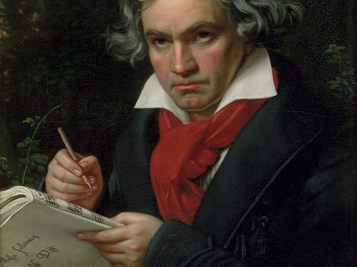 Portrait painting of composer Ludwig van Beethoven seated outdoors, holding a pencil and sheet music, with windswept grey hair, a dark coat, and a vivid red scarf.