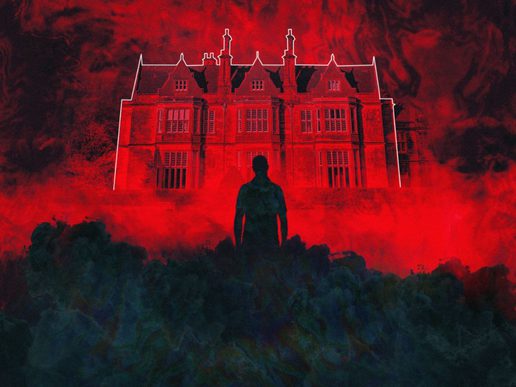 A silhouetted figure stands facing a large, imposing mansion illuminated in intense red light, with dark, smoky clouds swirling around the foreground and sky, creating a dramatic and ominous atmosphere.