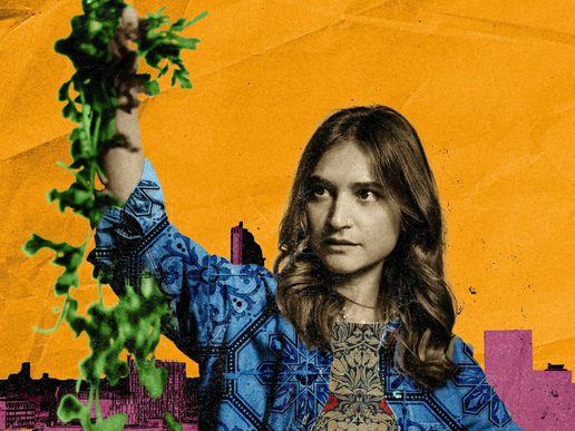 A stylised collage for My English Persian Kitchen shows a woman surrounded by fresh herbs and colourful spices, set against a vivid orange and pink cityscape.