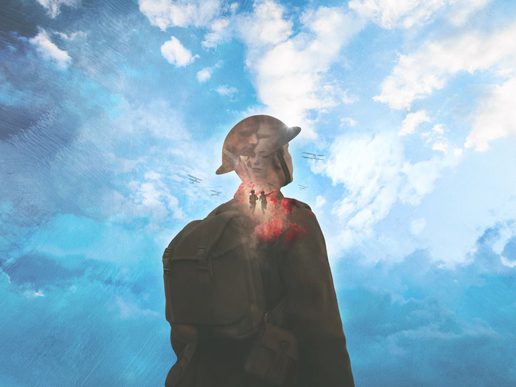 A stylised image of a World War I soldier seen from behind, wearing a helmet and backpack against a bright blue sky. Within his silhouette, a faint overlay shows a close-up of a man and woman, while small figures of soldiers run forward amid red smoke, and biplanes fly overhead, suggesting themes of war and memory.