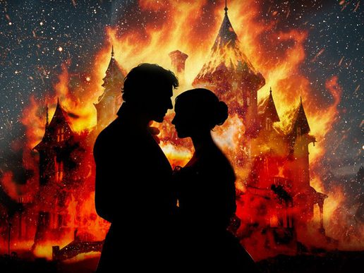 Silhouetted couple standing close together in an intimate pose, their faces nearly touching, set against a dramatic backdrop of a large house engulfed in flames. Sparks and embers fill the night sky as fire consumes the building, casting an intense orange and red glow around the figures.