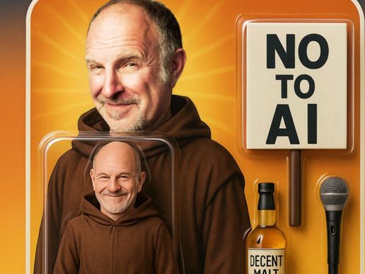 Comedian Simon Evans smiles wryly against a bright orange background, wearing a brown hooded robe. A smaller version of him appears packaged in a clear box in front of him. To the right, a protest-style sign reads “NO TO AI,” alongside a microphone and a bottle labelled “Decent Malt,” giving the image a satirical, tongue-in-cheek tone.