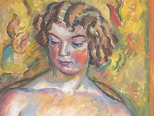 Colourful painted portrait of a young woman with short, wavy brown hair looking down, set against an expressive yellow and green floral background.