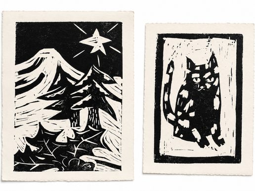 Two black-and-white lino-cut prints displayed side by side on white paper. The left print depicts a snowy mountain landscape with pine trees beneath a bright star in the night sky. The right print features a stylised owl perched on a branch, rendered with bold carved lines and high-contrast black and white shapes.