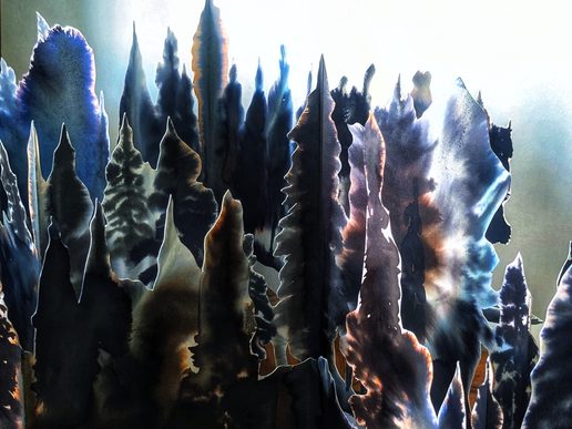 Abstract artwork resembling a dense forest of tall, pointed trees in layered shades of blue, black, green and purple.