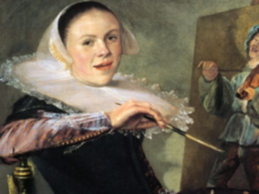 A young woman in 17th-century dress, wearing a white lace ruff and bonnet, sits smiling as she paints at an easel. She holds a paintbrush poised mid-stroke, turning to look at the viewer. On the canvas beside her is a lively scene of two figures, suggesting a genre painting in progress. The background is softly lit, focusing attention on the artist’s face and hands.