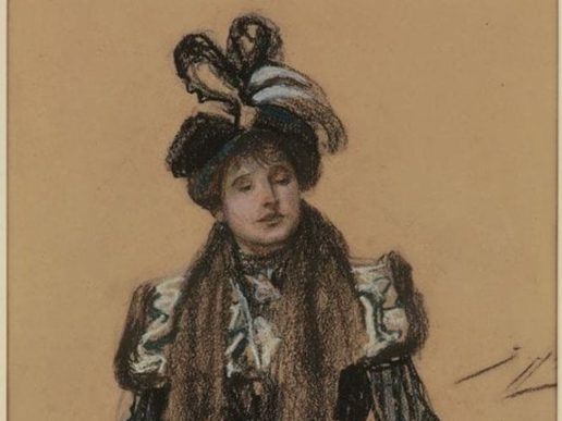 Illustrated portrait of Emmeline Pankhurst wearing a large decorative hat with feathers, long textured hair falling over her shoulders, and a patterned Victorian-style dress with puffed sleeves, set against a plain beige background.