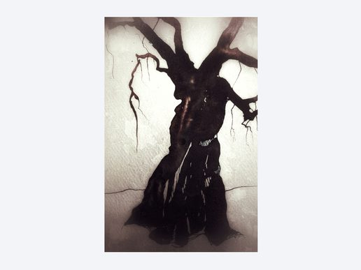 Monochrome artwork of a dark, ghostly tree with a thick twisted trunk and bare, sprawling branches against a pale textured background.