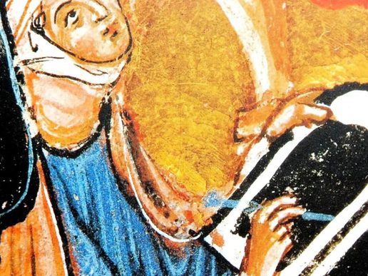 Medieval-style illustration of a veiled woman, representing Hildegard of Bingen, looking upward with a contemplative expression. She holds a stylus over a tablet or manuscript, as golden light or divine rays arc around her against a textured gold and dark background, suggesting inspiration or vision.