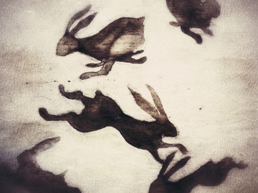 Monochrome artwork depicting several hares running and leaping across a pale, textured background.
