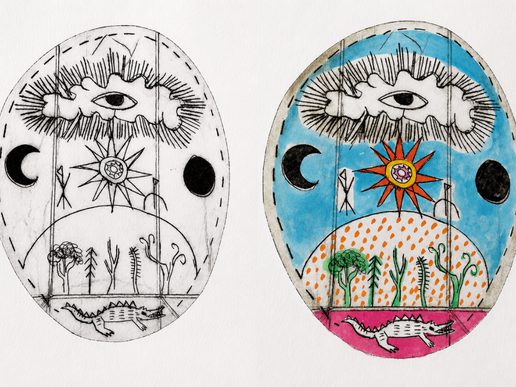 Two oval mixed-media artworks are shown side by side, each featuring the same imaginative design. The left artwork is a black-and-white line drawing, while the right is partially coloured with blue sky, an orange sun, green plants and pink ground. Both depict a cloud containing a single eye above a landscape with a crescent moon, dark circle, stylised sun, trees, plants and a crocodile-like creature, demonstrating the progression from sketch to finished artwork.