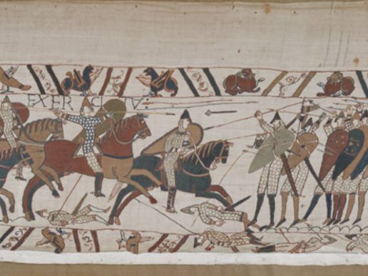 A section of the Bayeux Tapestry depicting the Battle of Hastings, showing Norman cavalry charging on horseback while English soldiers defend with shields and spears. Fallen warriors lie beneath the horses, arrows fly across the scene, and decorative borders above and below feature birds, animals and mythical creatures embroidered in the tapestry's distinctive medieval style.