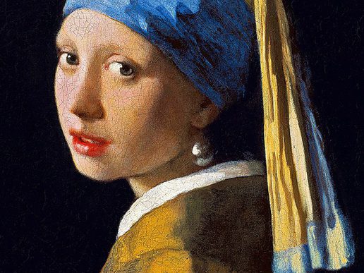 A close-up of Johannes Vermeer’s painting “Girl with a Pearl Earring,” showing a young woman in a blue headscarf and pearl earring looking over her shoulder against a dark background.