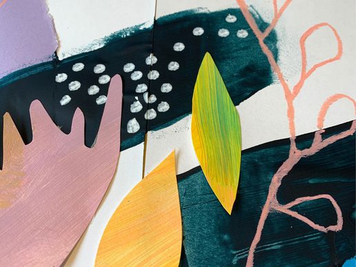 Abstract artwork made from painted paper, featuring cut-out shapes in pink, yellow, and green layered over a dark painted background with white dots and flowing lines.