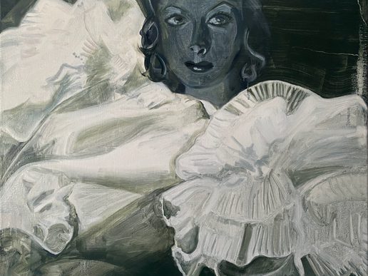 The Dress by Cathy Lomax, a monochrome painting depicting a woman with dark, shadowed features and wavy hair, surrounded by voluminous white ruffled fabric. Expressive brushstrokes and contrasting tones of grey, black and white emphasise the folds and textures of the dress.