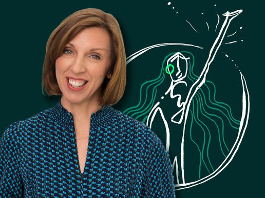 A smiling woman with short light-brown hair, wearing a patterned blue blouse, stands in front of a dark green background featuring a white line-drawing of a woman with flowing hair raising one arm. This is Dr Louise Newson.