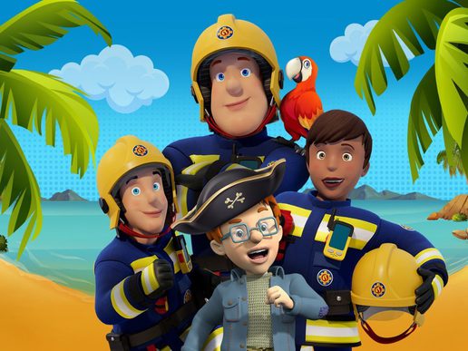 Animated image of Fireman Sam and his team smiling on a sunny tropical beach, with palm trees and the sea behind them. A child dressed as a pirate stands in front, grinning, while a colourful parrot perches on Sam’s shoulder.