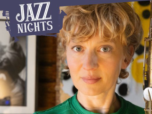 Jazz saxophonist Josephine Davies pictured alongside her saxophone, with Jazz Nights branding in the top left corner.