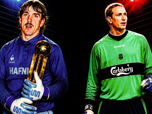 Two images of former football goalkeeper Neville Southall appear side by side against a dark stadium backdrop. On the left, he wears a blue goalkeeper shirt and gloves while holding a golden trophy. On the right, he wears a green goalkeeper kit with a Carlsberg sponsor logo, looking off to one side under stadium lights.