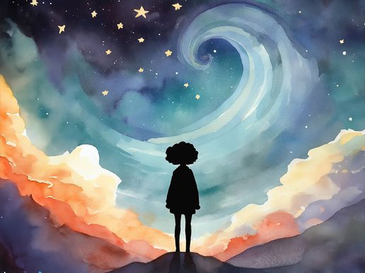 Silhouette of a child standing beneath a swirling night sky filled with stars, painted in soft watercolour shades of blue, purple, orange and pink.