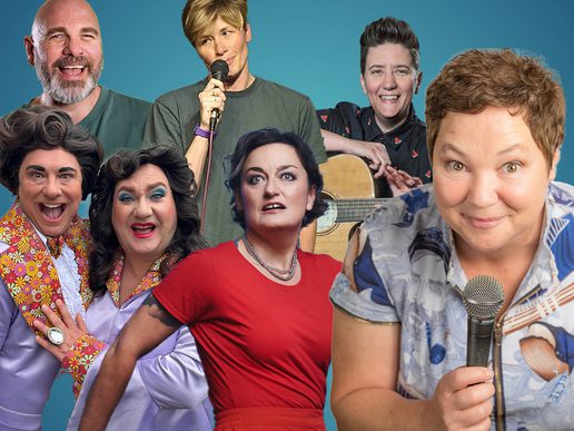A collage of performers from an LGBTQ+ comedy and cabaret line-up, featuring several smiling comedians and drag artists against a blue background, each holding microphones or posing expressively