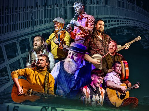 A vibrant collage of musicians performing in traditional Irish attire, each playing instruments including guitars, flute, fiddle, and banjo. At the center, an older bearded man in a hat and waistcoat anchors the group. The backdrop features Dublin’s Ha’penny Bridge and the name “O'Donoghue’s,” referencing the legendary Irish pub, evoking the spirit of Irish folk music celebrated in Seven Drunken Nights: The Story of The Dubliners.