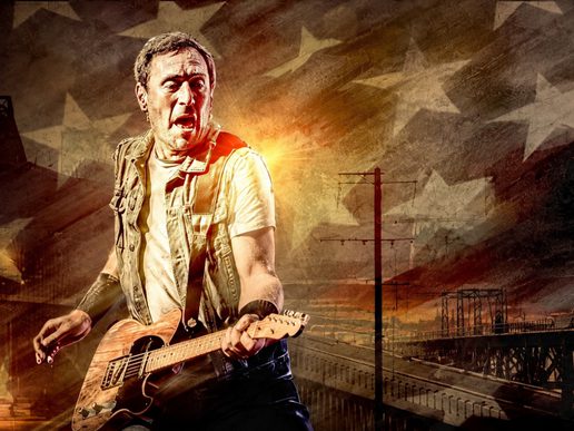A guitarist performs against a dramatic backdrop of railway tracks and a faded American flag in artwork for The Sound of Springsteen tribute show.