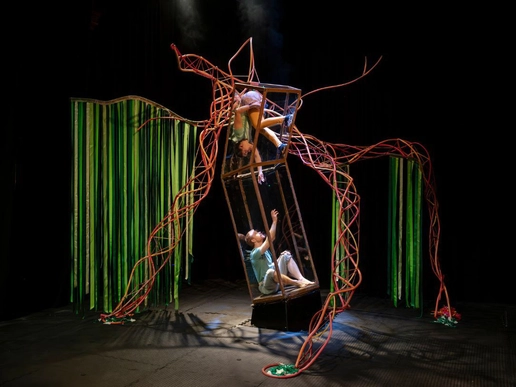 A stage performance shows two acrobats inside a tilted, cage-like frame. One performer hangs upside down from the top, reaching towards the other who sits below, looking up with an outstretched hand. The structure is surrounded by twisting red, root-like forms that arch overhead and across the stage. Green vertical ribbons hang in the background, and soft spotlights illuminate the scene against a dark theatre setting.