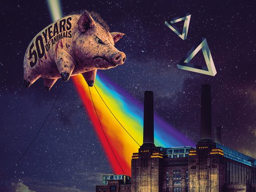 Surreal promotional artwork featuring a giant flying pig marked “50 Years of Animals” floating through a starry night sky, leaving a rainbow trail behind it. Below, Battersea Power Station is illuminated against the dark background, with glowing geometric prism shapes suspended in the sky.