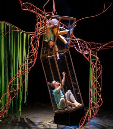 A stage performance shows two acrobats inside a tilted, cage-like frame. One performer hangs upside down from the top, reaching towards the other who sits below, looking up with an outstretched hand. The structure is surrounded by twisting red, root-like forms that arch overhead and across the stage. Green vertical ribbons hang in the background, and soft spotlights illuminate the scene against a dark theatre setting.