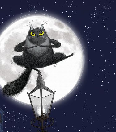 Illustrated scene of a fluffy black cat with bright yellow eyes balancing on top of a streetlamp, silhouetted against a large full moon. The cat sits upright with paws together and tail flicking, while a star-filled night sky and the rooftops of buildings frame the background.