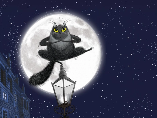 Illustrated scene of a fluffy black cat with bright yellow eyes balancing on top of a streetlamp, silhouetted against a large full moon. The cat sits upright with paws together and tail flicking, while a star-filled night sky and the rooftops of buildings frame the background.