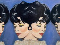 Oil painting of four stylised women’s faces with glossy black hairstyles, yellow eye make-up and red lips, arranged symmetrically against a blue background.