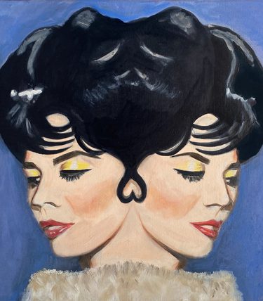 Oil painting of four stylised women’s faces with glossy black hairstyles, yellow eye make-up and red lips, arranged symmetrically against a blue background.