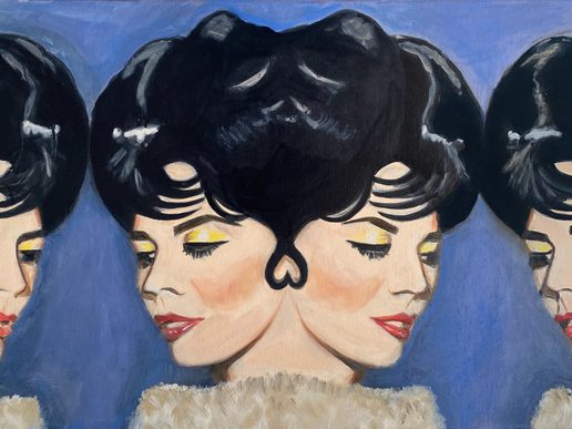 Oil painting of four stylised women’s faces with glossy black hairstyles, yellow eye make-up and red lips, arranged symmetrically against a blue background.